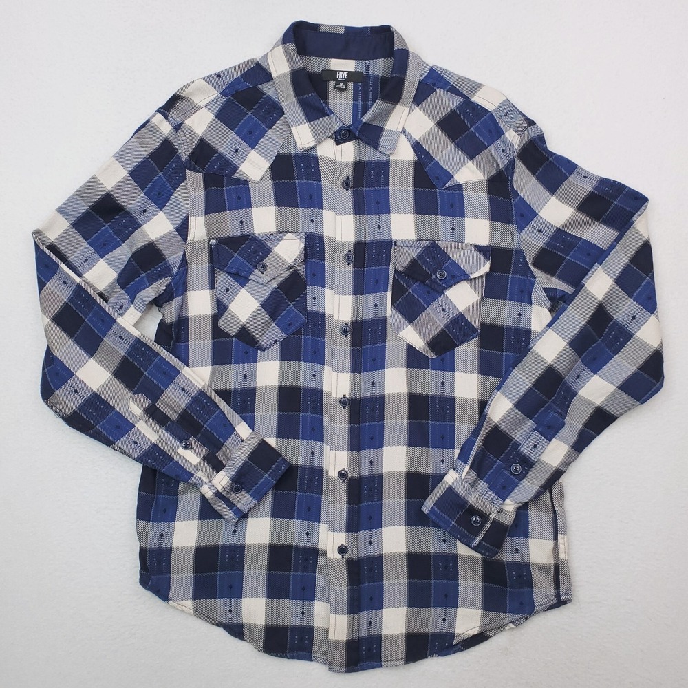 Frye Shirt Mens Medium Blue Flannel Tartan Plaid Southwestern‎ Diamond Western